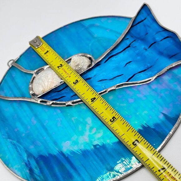 Stained Glass Blue Abstract Round Suncatcher Natural Shells Silver Accent Vtg - Picture 5 of 9